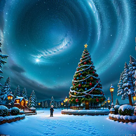 thick white snow world，a huge christmas tree stands 20 meters high in the middle of the town，it&#39;s covered with starry lanter...