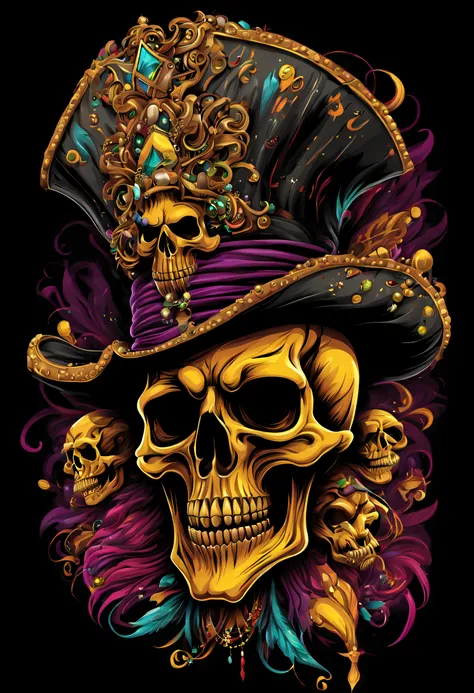 T-shirt art vector ready to print colorful graffiti illustration of masquerade party yellow pirate skull and hat web decorated with jewels of precious rubies and emeralds and skeleton beard decorated with yellow diamonds, teeth of beautiful stone jewelry, ...