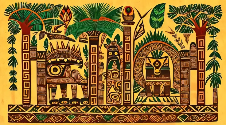 totem, critters & naturey, a plant, birds, The tree, grassy, 2d, handpainted, archaic, archaic Mayan civilization, 2d images, solidcolor, Mayan painting mural, --ar 2:1