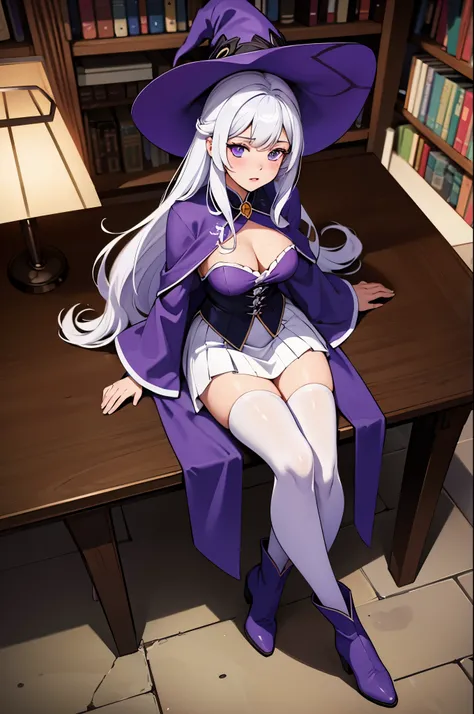 1woman, long hair, white hair, mature, parted lips, blush, sitting, witch hat, dark purple witch robe, library, light rays, glow, white stockings, witch boots, narrow waist, (masterpiece), wallpaper, full body photo, wide angle, from above, 8k uhd, dslr, s...