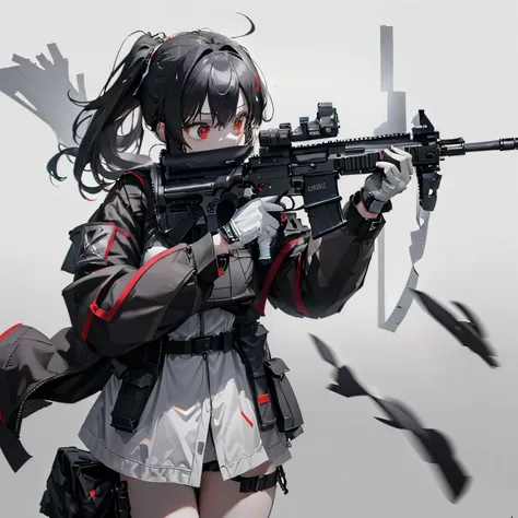 (masutepiece:1.2, best quality),  [1 girl, expressioness, oversized red coat, black hair, low ponytail, red eyes, body harnesses...