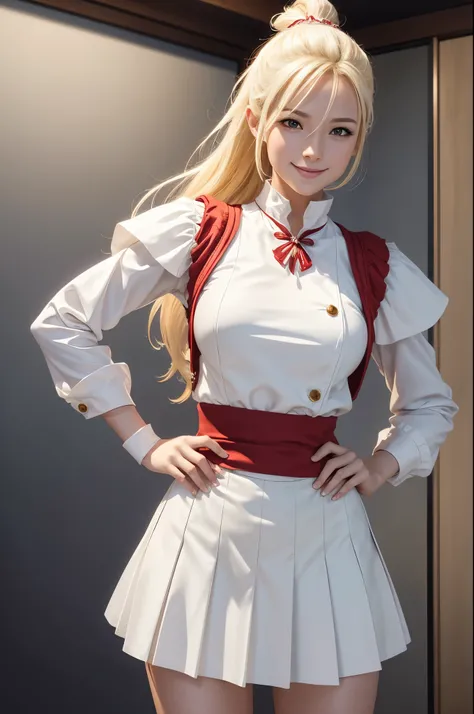 8K,赤と白のGuild staff uniformを着た女性がを撮っています, Smooth CG art, shiny white skin, 8k high quality detailed art, photorealistic anime girl render, fanart best artstation, character is in her natural pose, Beautiful attractive receptionist woman, elegant smiling pos...