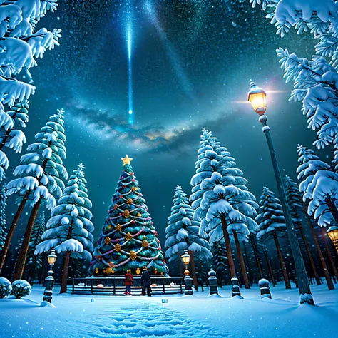 thick white snow world，a huge christmas tree stands 20 meters high in the middle of the town，it&#39;s covered with starry lanter...