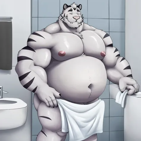 axel cosmas , solo, towel around weist, plump, huge, Bathroom background, nipples, big fat belly, big ass, eyes shut, standing, 5 fingers, musclegut body, lineart, normal eyes, wet body, macro body, massive body, huge pecs