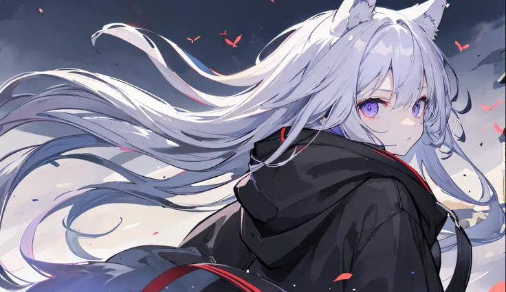 ((Best Quality)),Wearing a black hoodie、looked lonely、He had gray hair and furry ears.、eyes are very purple、wolf girl。The back is black。The wind is blowing、Hair is fluttering。