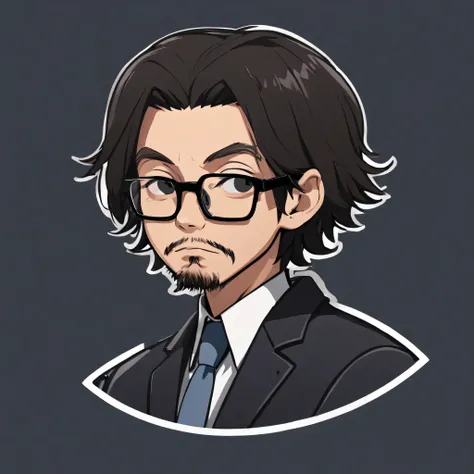 (One sticker,),(3D anime old boy),High hairline，short detailed hair, dark bag，Haggard face， a little fat, eye glass,  Computer, (on a circular background), (Minimalist border)(cartoonish style)， ultra - detailed, Detailed illustration, vectorized, 8K, 专业On...