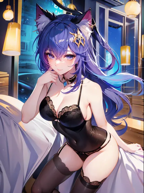 Tang Wutong, bug boobs, cute, wearing black bra and panties and stockings, cat ears, bedroom (front view )