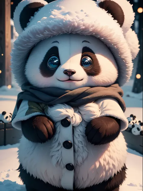 (best quality,highres,masterpiece:1.2),ultra-detailed,claymation,closeup,cute panda,coat,scarf and hat,standing in the snow,fluffy fur,sparkling eyes,soft lighting