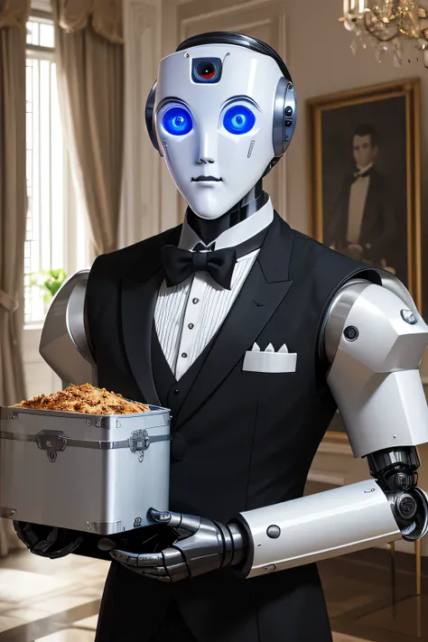 robot carrying food,  (Butler Uniforms), in an aristocratic mansion, (ROBOT FACE:1.3), (masutepiece), (Best Quality), (ultra high detail)