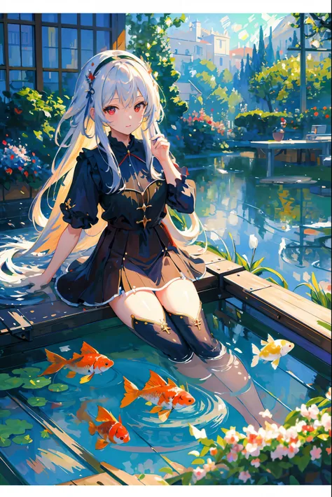 [(Transparent background:1.5)::5],(((masterpiece))),(((best quality))),(((extremely detailed))),illustration, 1girl,solo,mysterious,vivid color,shiny, underwater transparent sealed hemispherical glass dome, white hair,red eyes, full body,barefoot,long hair...