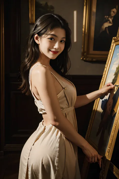 Female painter painting oil paintings in the atelier,antique,A smile,,Sweet and seductive appearance.、Caravaggios paintings、Chiaroscuro of Caravaggio,,Cute smile, Expression of ecstasy,erotick,A sexy,Seduce you