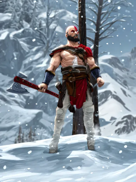 Kratos, Deus da Guerra, Deus da Guerra, fundo de neve, fundo frio, fundo com montanhas de neve, com frio.