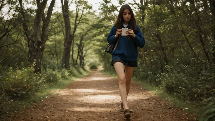 There is a woman, schoolgirl de 20 anos, who is walking along a path in the forest, girl Caminhando na floresta, saia plissada xadrez, Caminhando ereto em uma floresta, Caminhando na floresta, schoolgirl, Caminhando na floresta, no caminho da floresta, des...