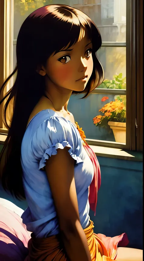 ((Centered,Solo Beautiful Carribean woman with dark skin, big striking eyes)), casual shirt, mid shot, low angle, colorful shadowed painted bedroom wall, sitting under a window, art by akihiko yoshida, manga art style, colorfield illustration, sad atmosphe...