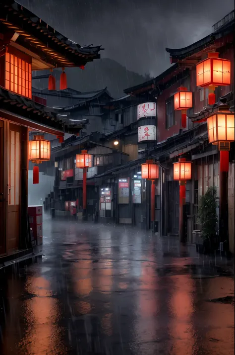 Arafed view of a village，a lot of lights on the buildings，dreamy Chinese towns，Chinese Village，amazing wallpapers，A Japanese town，Japanese village，surreal photo of a small town，old asian village，Japan city，corner store，rainy evening, Cyberpunk ancient Chin...