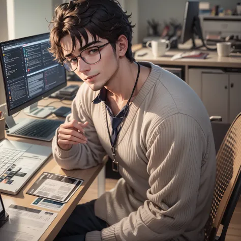 Young man aged 20 sitting in front of his computer working, a little black in color, he is not as giant, he smiles wearing a tank top (sweater) with a tie and anti-blue light glasses --auto --s2