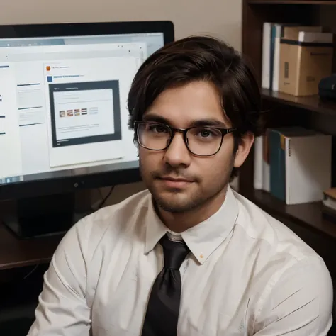 A young boy in 20s , light beard, dark brown hairs, office worker, white skin, nerdy glasses, medium build, working on pc, high quality, proper light,