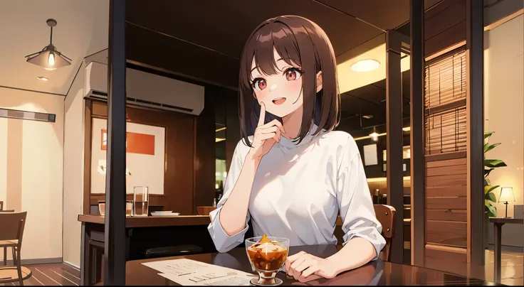 The background is a restaurant、ceiling、walls、The table、a chair