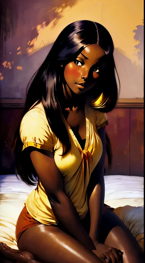 ((Centered,Solo Beautiful Sudanese woman with dark skin, striking eyes1:1)), casual shirt, mid shot, low angle, sitting against a colorful shadowed painted bedroom wall, art by akihiko yoshida, manga art style, colorfield illustration, mysterious atmospher...