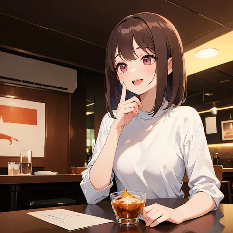 (looking away:1.3)、​masterpiece、top-quality、 A 25-year-old woman with medium hair and pink eyes with brown bangs.、white  shirt、(smile:1.3)、open mouth, drunk、sitting on、The background is a restaurant、Bold composition、Upper body is shown、Alone、