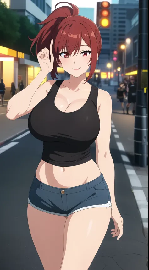 (best quality:1.5, highres, UHD, 4K, detailed lighting, shaders, perfect hand anatomy), dark red ponytail, large breasts, thighs, crotch, sexy, smiling, white tank top, shorts, standing, street background, pov