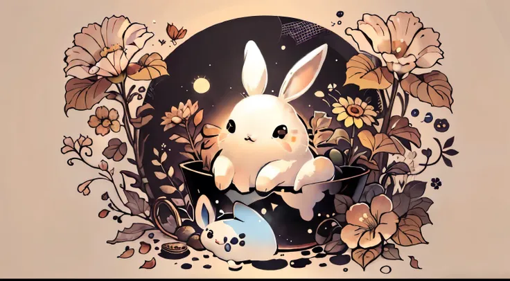 Cute 00d, flower, white Rabbit , {deep black background}