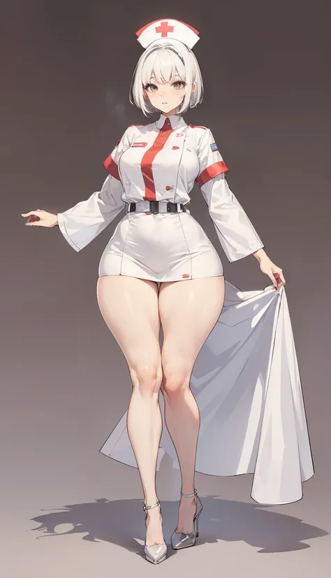 SFW, (short ((white hair))), (nurse white clothes), curvy, sexy pose, big legs, exposed legs, thick thighs, sexy thighs, thin waist, small waist, perfect figure, full body, high heels, (long legs, tall girl)