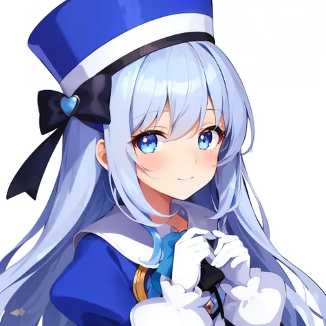 furina, 1girl, solo, long hair, looking at viewer, blush, blue eyes, simple background, gloves, long sleeves, hat, white background, jewelry, :3, blue hair, jacket, upper body, ahoge, white hair, heart, streaked hair, symbol-shaped pupils, blue jacket, bro...