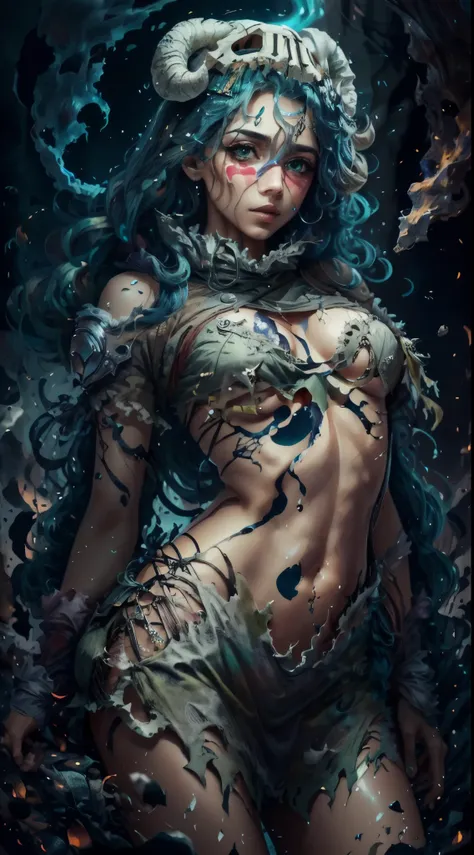 Intricate details, Odel Schwancks masterpiece:1.2, green hair, skull, torn clothes, underboob, skirt, fantasy00d, vibrant colors, ethereal lighting,hand behind head