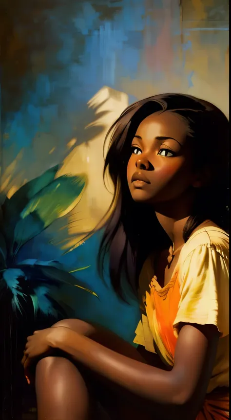 ((centered,solo beautiful sudanese black woman with dark skin, realistic striking eyes1:1)), casual shirt, mid shot, low angle, ...