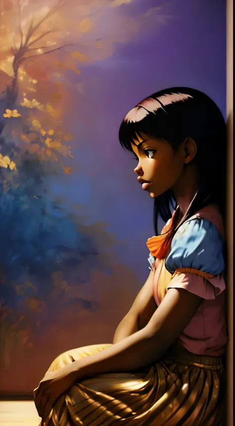 ((Centered,Solo Beautiful Sudanese black woman with dark skin, pouty lips, realistic striking eyes1:1)), casual shirt, mid shot, low angle, sitting against a colorful shadowed painted bedroom wall, art by akihiko yoshida, manga art style, colorfield illust...