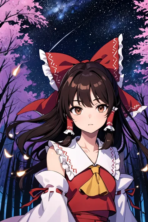 detailed background, masterpiece, best quality, 1girl, hakurei reimu, brown hair, hair tubes, hair ribbon, brown eyes, a forest full of purple and white trees, fireflies, purple theme, white theme, stars, milky way, cloudy, touhou project