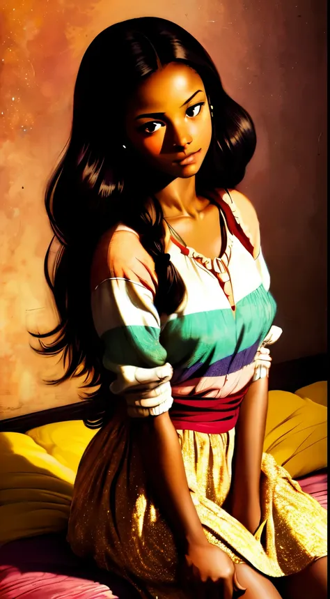 ((Centered,Solo Beautiful Sudanese black woman with dark skin, realistic striking eyes1:1)), casual shirt, mid shot, low angle, sitting against a colorful shadowed painted bedroom wall, art by akihiko yoshida, manga art style, colorfield illustration, myst...