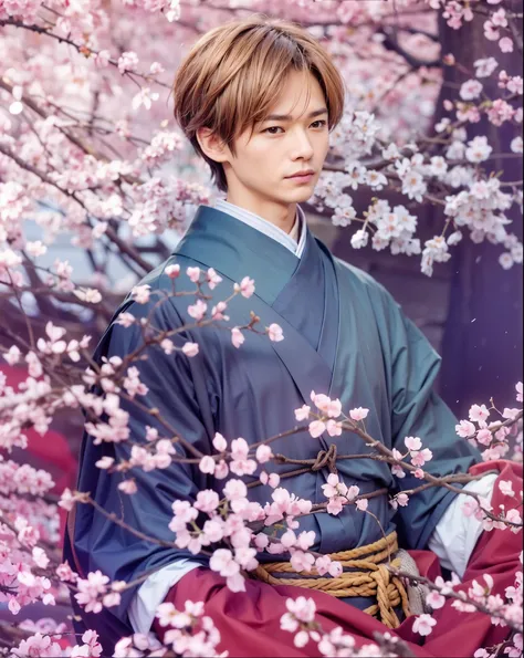 Kazuma souma, fruits basket, man, masculine face, middle age, sea blue kimono, white inner, brown spiky hair, cherry blossom foreground