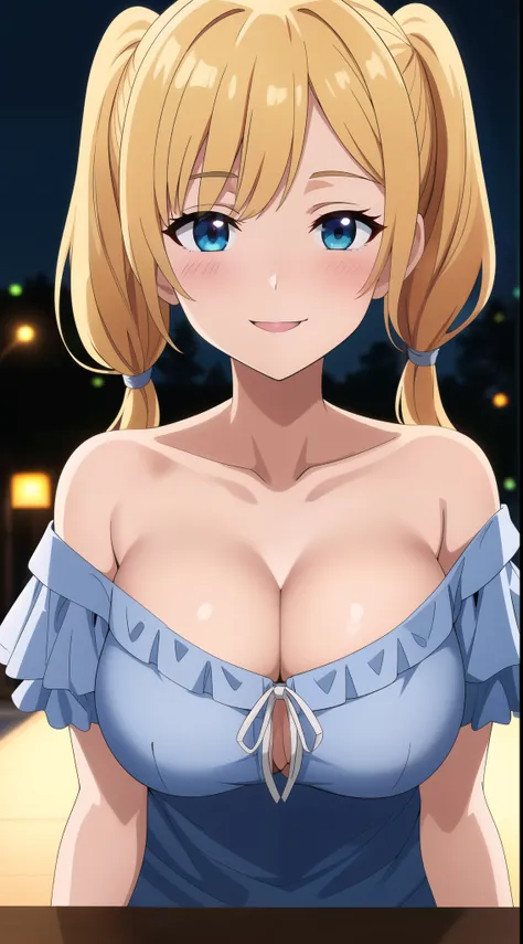 (best quality:1.5, highres, UHD, 4K, detailed lighting, shaders, perfect hand anatomy), blonde twintails, large breasts, off shoulder frilly shirt, cleavage, shoulders, smiling, close shot, pov, blushing:1.3, night background