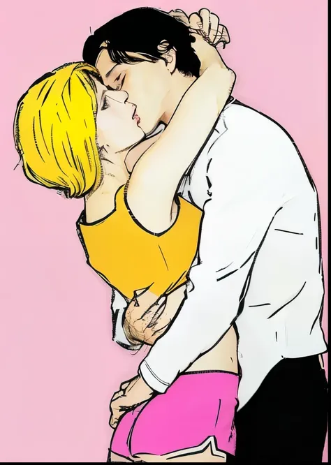 1girl blonde hair, 1man black hair, kiss