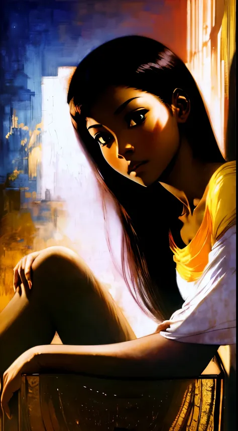 ((Centered,Solo Beautiful Sudanese black woman with dark skin, realistic striking eyes1:1)), casual shirt, mid shot, low angle, sitting against a colorful shadowed painted bedroom wall, art by akihiko yoshida, manga art style, colorfield illustration, myst...