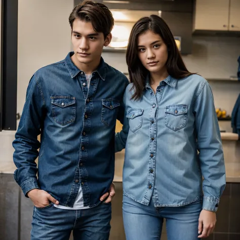 A young woman wearing a denim shirt and jeans stands with her boyfriend, a young man wearing a denim shirt and jeans.