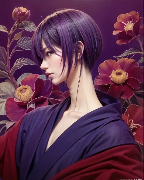 Akito souma, fruits basket, tomboy woman, masculine face, middle age, purple kimono, burgundy outer, black spiky hair, red raflesia Arnoldi background