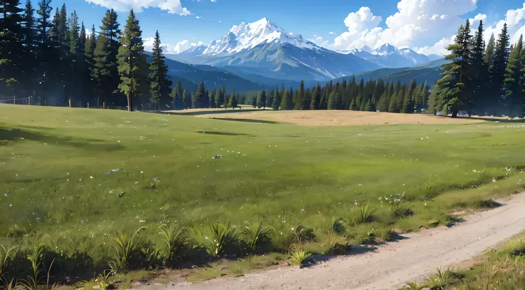 a middow with a tall grass, spruce and pine trees on the left side, hight snowy mountain chain in background, summer, 8k