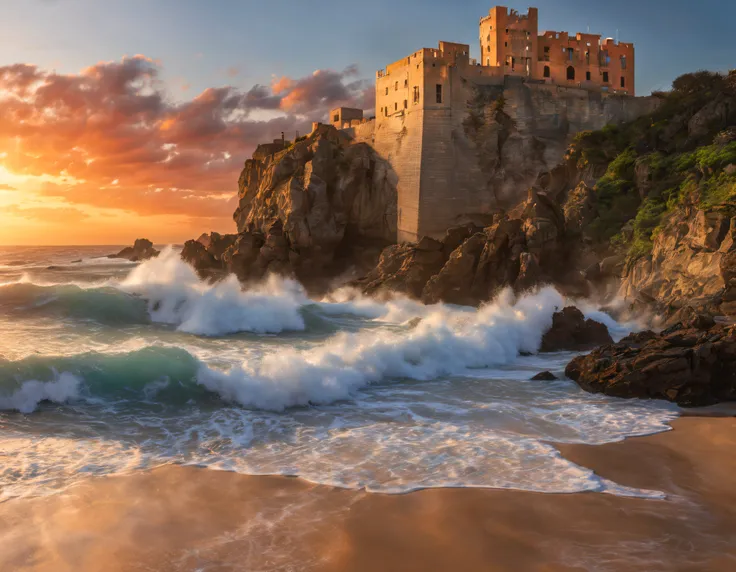 atardecer en una playa conlindante con un castillo, es la hora dorada, the sky turns orange, rojos y amarillos, las olas rompen sobre la arena en un movimiento dinamico , una detras de otra provocando el espumeo de sus crestas, agua azul cristalina, todo e...