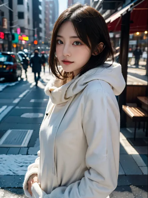 Bustling street、Falling snow、wearing a winter coat、Exhaled breath is white、top-quality、hyper HD、奈良美智, Japanese Models, Beautiful Japanese wife with short hair, 27yo女性モデル, 4 k ], 4K], 27yo, sakimichan, sakimichan