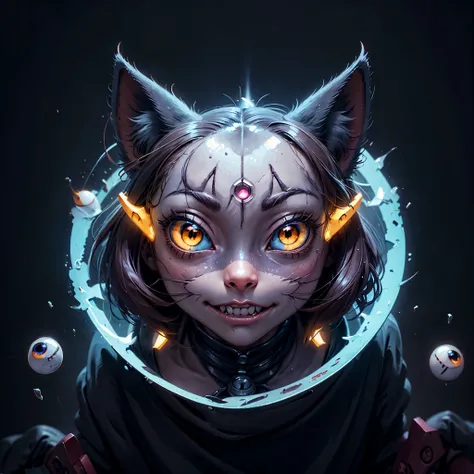 (hightquality、8K、Ulutra HD)、Front view of a slightly creepy cat-shaped robot head、Perfect build、iconic design、 modeling、Glowing eyes、A crescent-shaped smiling mouth that splits all the way to the ears...................、Digital Painting、concept-art、three-d...