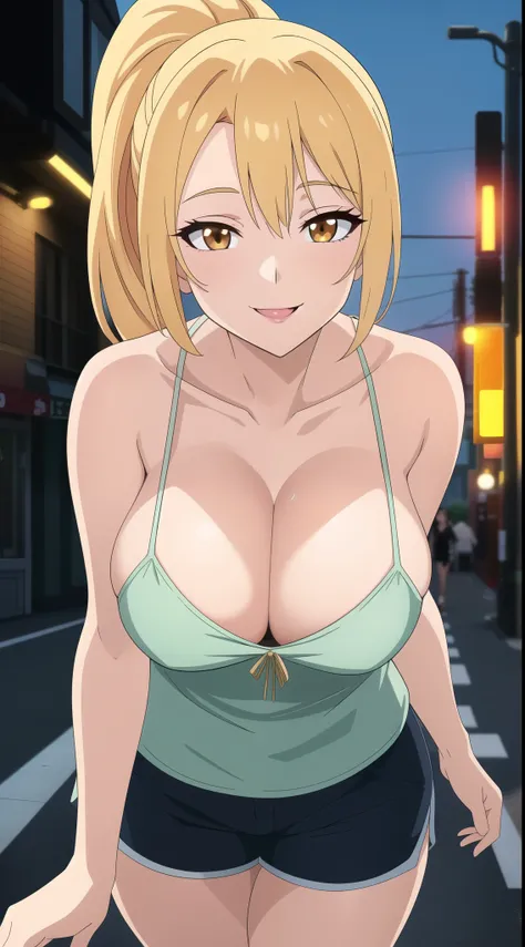 (best quality:1.5, highres, UHD, 4K, detailed lighting, shaders, perfect hand anatomy), blonde thick long ponytail, large breasts, camisole, shorts, cleavage, pov, street background, smiling, sexy, erotic, lewd, seductive