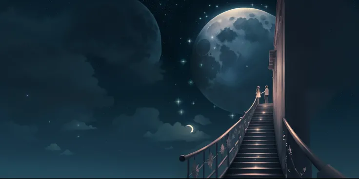 anime scene of a couple standing on a stairway with a full moon in the background, calm night. digital illustration, dreamy night, elevator to the moon, dreamy illustration, moonlit starry sky environment, in the moon, holding hands in the moonlight, moonl...