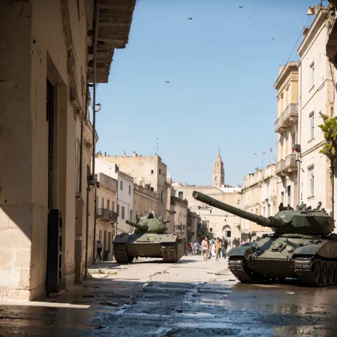 A tank tears down a 5G antenna in Matera. military tanks run down the streets of Matera, bombing around, people scream and run, terror on their faces, sunny day, (yes NSFW), sassi_di_matera on background, cathedral, fire and smoke, girls and boys hiding fr...