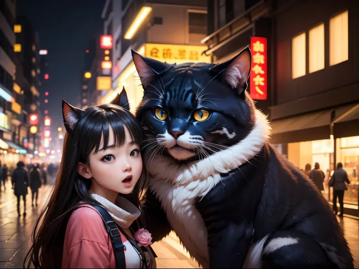 超A high resolution、An ultra-high picture quality、8K、Wonderful expression with attention to detail、big monster cat、people on the street at night々surprise、