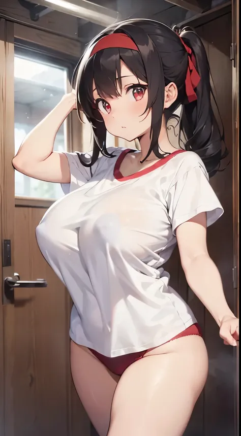 field day、Sexy cute girl、dark backgrounds、red headband on head、(Big boobs that dig into a white T-shirt:1.3)、(Microbloomers)、Eyes are red、masterpiece best quality