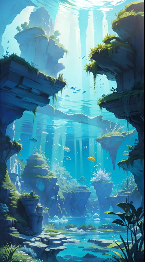 underwater landscape, It&#39;s like looking from below. The water is crystal clear, let the sun shine through it，Light up the landscape. The scene is dominated by blue and green colors, Creates a tranquil and peaceful effect. The landscape is filled with c...