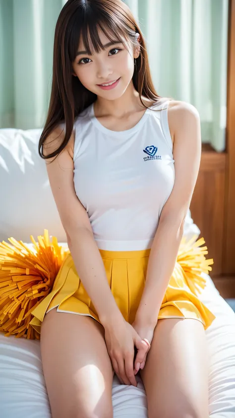 ((Best Quality, ​master piece, Ultra High Resolution, (Photorealistic:1.4), Raw photo, ultra-detailliert)), 1 girl, Japanese Idol, sixteen years old, ((Cheerleader Costumes, cheerleader pleated skirt, cheerleader sleeveless shirt, pale yellow bloomers, Whi...